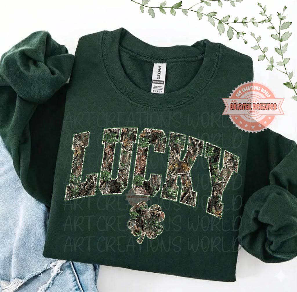 Camo Lucky PNG, St Patricks Day Sublimation Shirt Design, Trendy Distressed Hunting Western