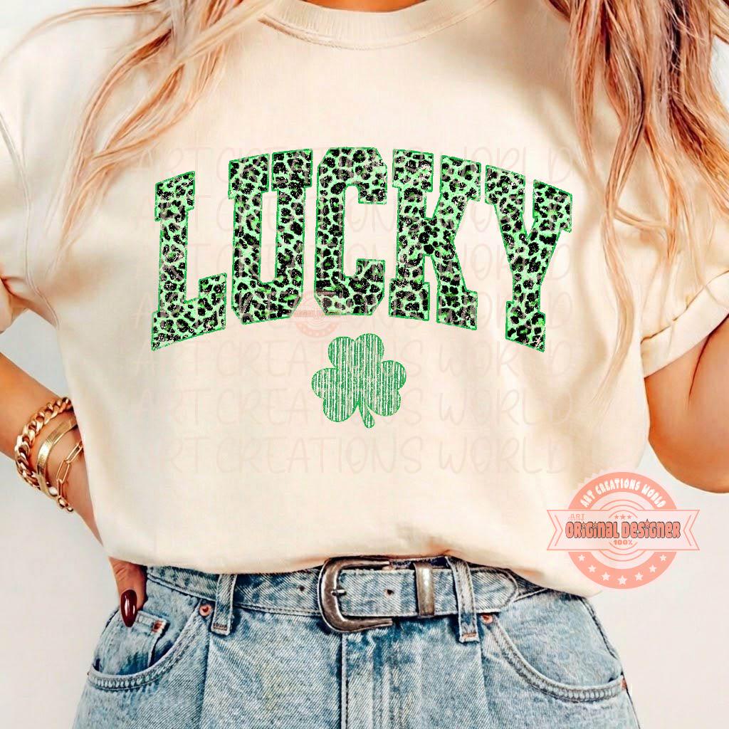 Lucky PNG, St Patricks Day Sublimation Shirt Design, Green Leopard Print Shamrock, Distressed Retro