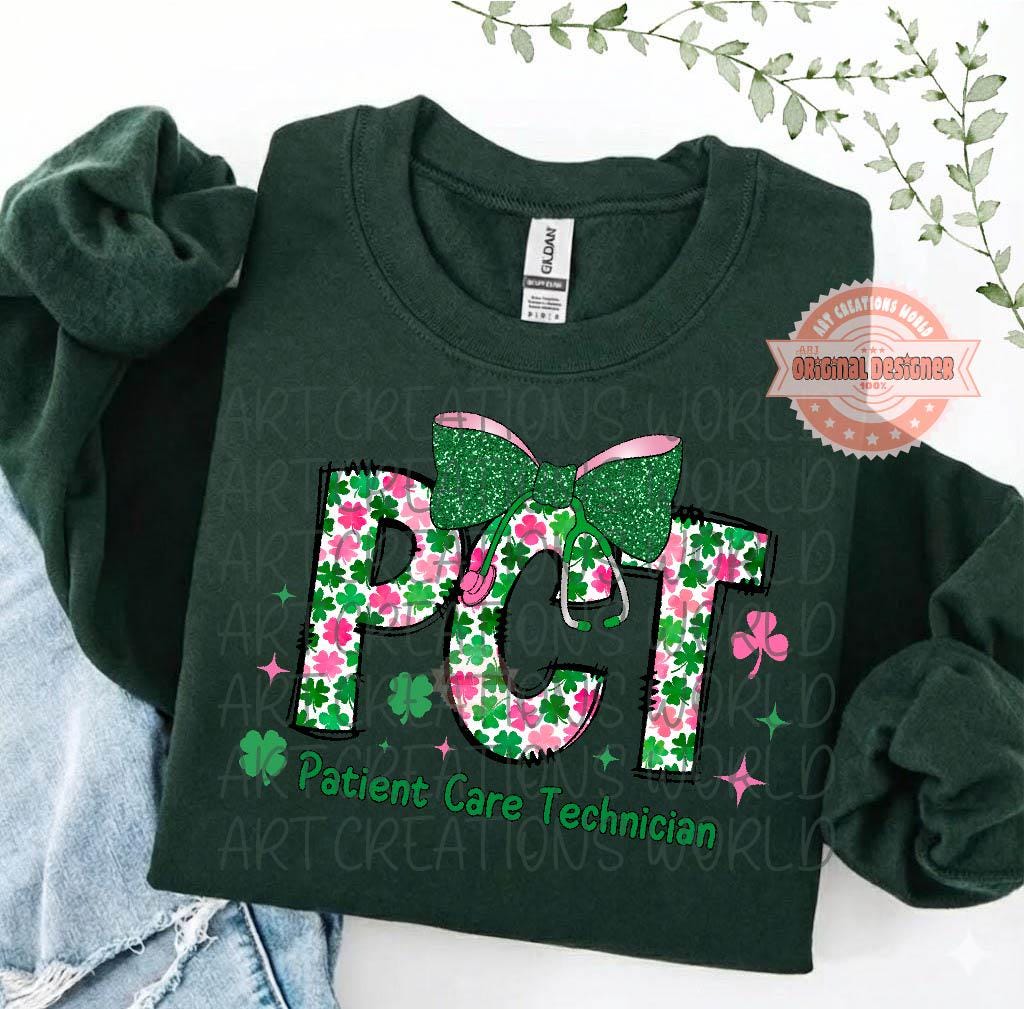 PCT St Patricks Day PNG, Patient Care Tech Stethoscope Bow Lucky Medical Worker Sublimation