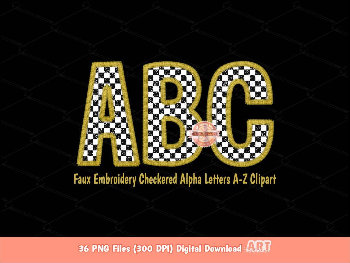 Checkered Alphabet PNG, Faux Embroidery Gold Racing Letters (Digital Download)