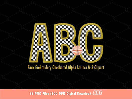 Checkered Alphabet PNG, Faux Embroidery Gold Racing Letters (Digital Download)