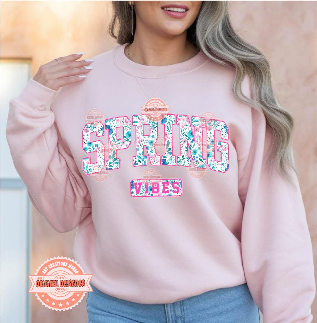 Spring Vibes PNG, Preppy Floral Varsity Spring Easter Sublimation Shirt Design Digital Download