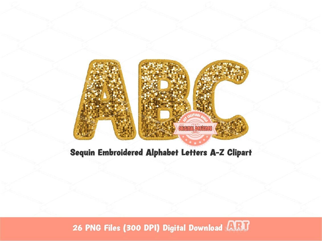 Gold Sequin Alpha PNG, Faux Embroidered Glitter Letters Clipart (Digital Download)