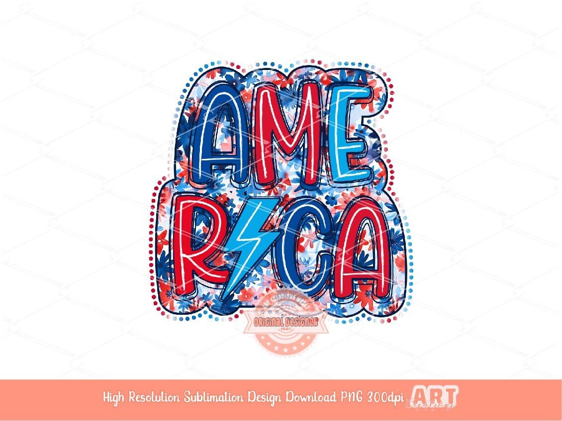 America Lightning Bolt PNG, 4th of July Floral sublimation Design (Digital Download)