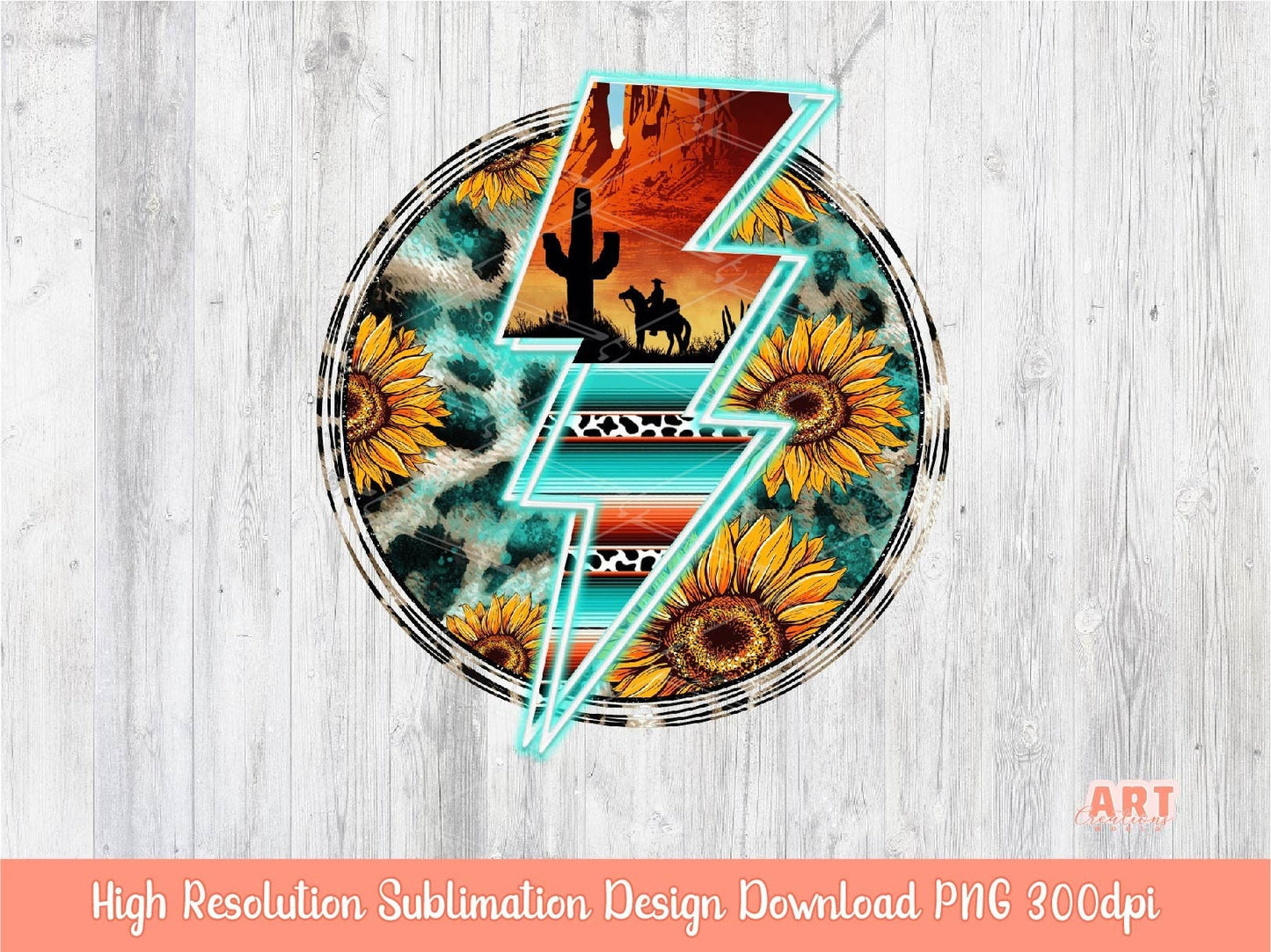Western Lightning Bolt PNG, Cowboy Sunflower Background Sublimation, Trendy Country Turquoise Serape Shirt Design