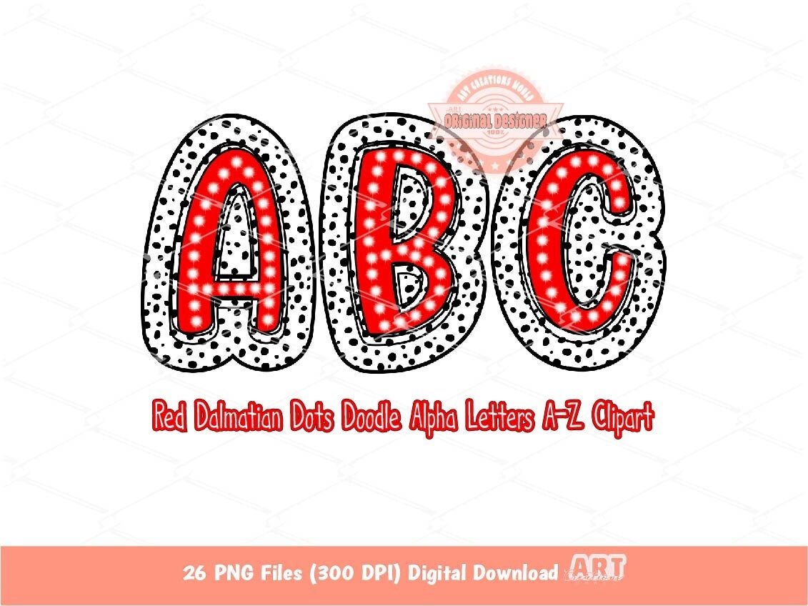 Red Dalmatian Doodle Alpha PNG, Bright Letters A-Z Clipart (Digital Download)
