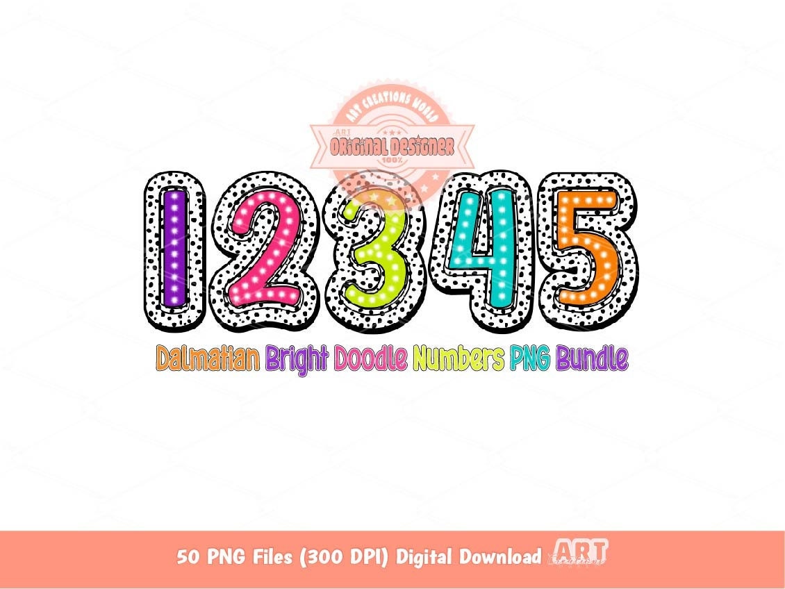 Bright Dalmatian Numbers PNG Bundle, Colorful Doodle Numbers set Clipart (Digital Download)
