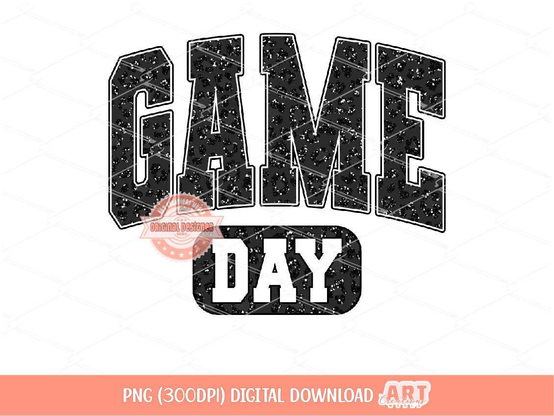 Game Day PNG, Black Leopard Print Varsity, Glitter Cheetah Team Spirit Sublimation Shirt Design