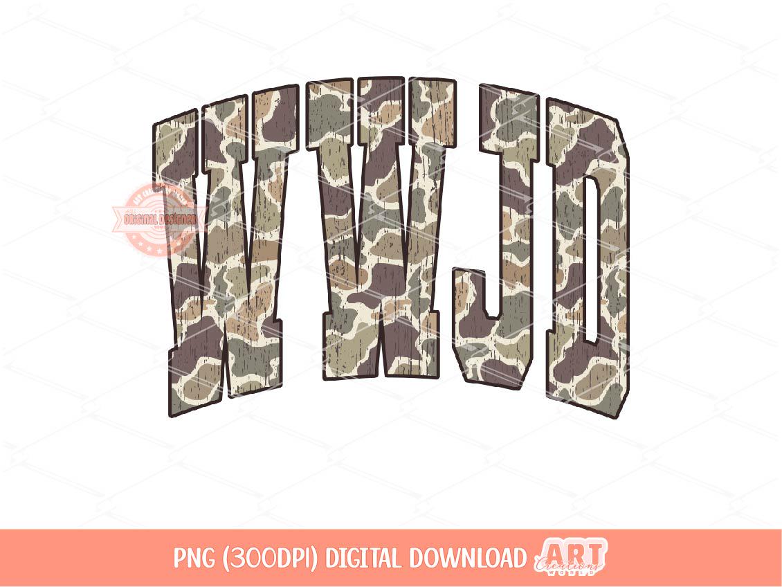 WWJD Grunge Camo PNG, Distressed Varsity Christian Sublimation Shirt Design