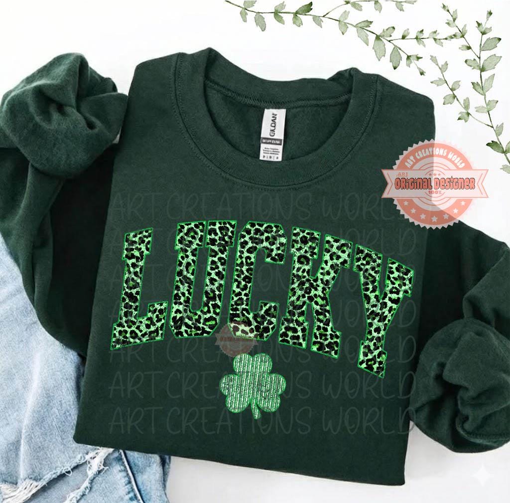 Lucky PNG, St Patricks Day Sublimation Shirt Design, Green Leopard Print Shamrock, Distressed Retro
