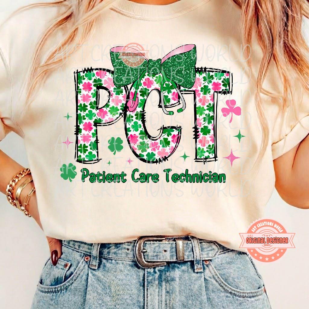 PCT St Patricks Day PNG, Patient Care Tech Stethoscope Bow Lucky Medical Worker Sublimation