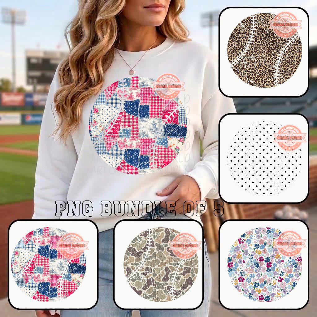 Baseball PNG Bundle, Grunge Leopard Floral Camo Polka Dot Patchwork Distressed Baseball Sublimation Design