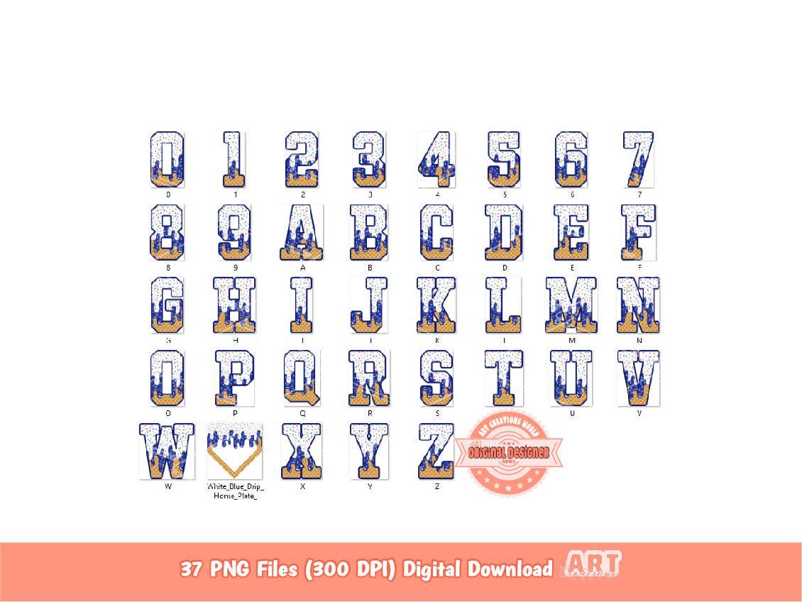 Drip Baseball Alphabet PNG Bundle, Drippy White & Blue Letters, Numbers, Home Plate Sports Clipart