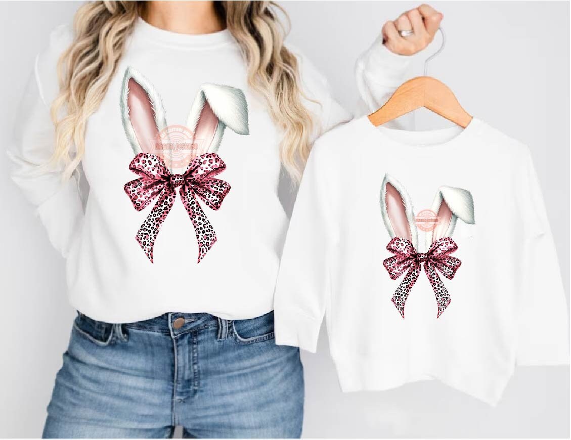 Coquette Bunny Ears PNG, Pink Leopard Bow Easter Shirt Design (Digital Download)