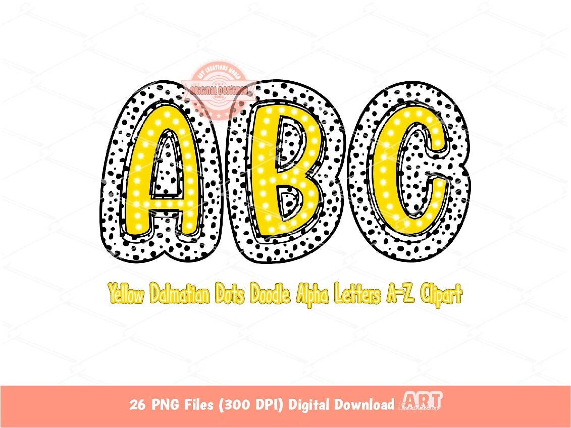 Yellow Dalmatian Alpha PNG, Doodle Letters A-Z Clipart (Digital Download)