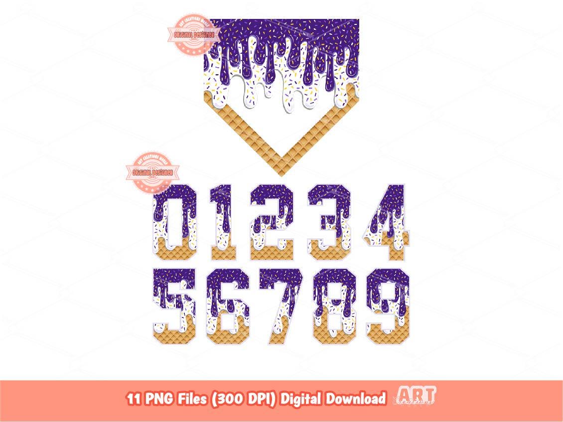 Purple White Drip Numbers & Home Plate PNG, Baseball Game Day Clipart, Sports PNG Bundle