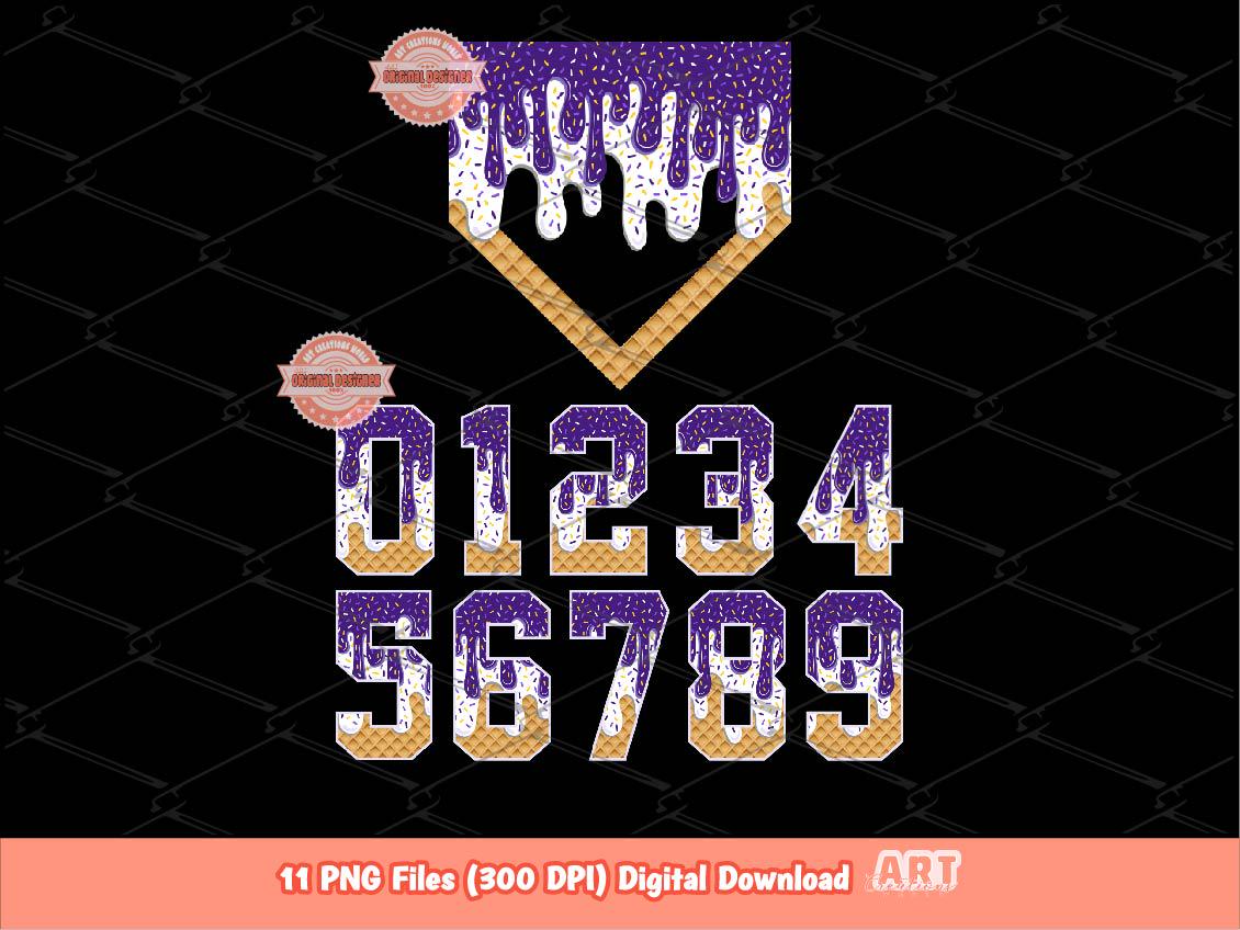 Purple White Drip Numbers & Home Plate PNG, Baseball Game Day Clipart, Sports PNG Bundle