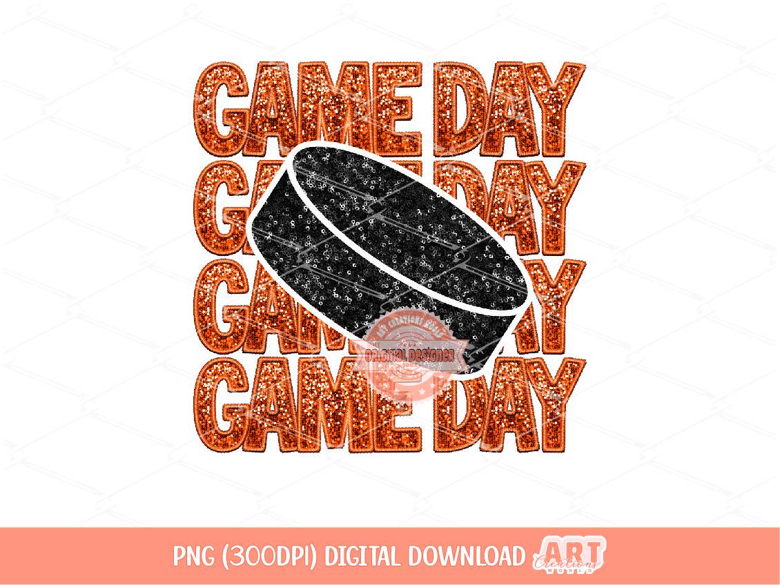 Game Day Hockey PNG, Orange Sequin Faux Embroidery Sports Mom Sublimation Shirt Design