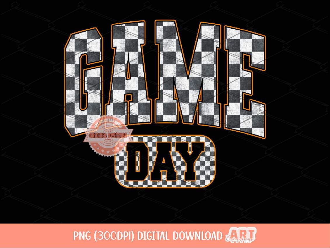 Checkered Game Day PNG, Distressed Orange and Black Checker Sublimation, Sports Shirt Design Download