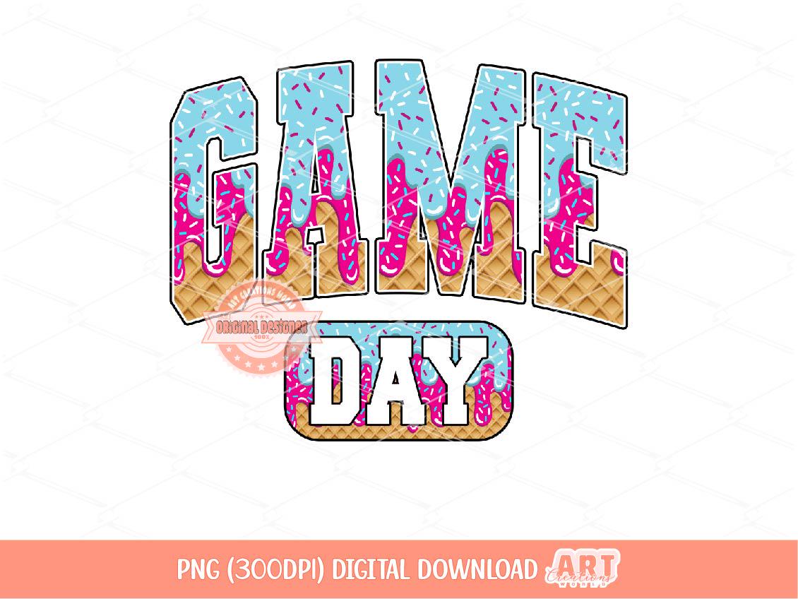 Ice Cream Game Day PNG, Trendy Pink Blue Drip Waffle Cone Varsity Sublimation Design