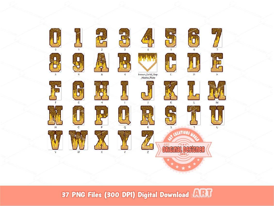 Drip Baseball Alphabet PNG Bundle, Drippy Brown & Gold Letters, Numbers, Home Plate Sports Clipart