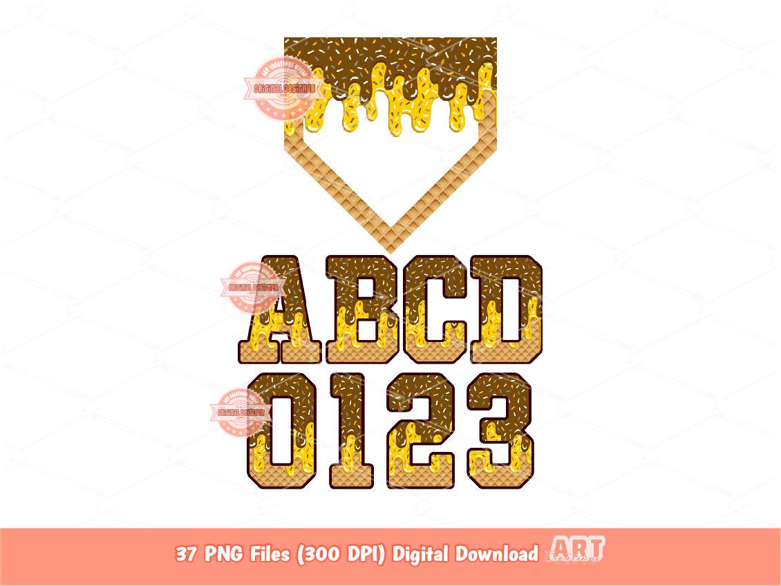 Drip Baseball Alphabet PNG Bundle, Drippy Brown & Gold Letters, Numbers, Home Plate Sports Clipart
