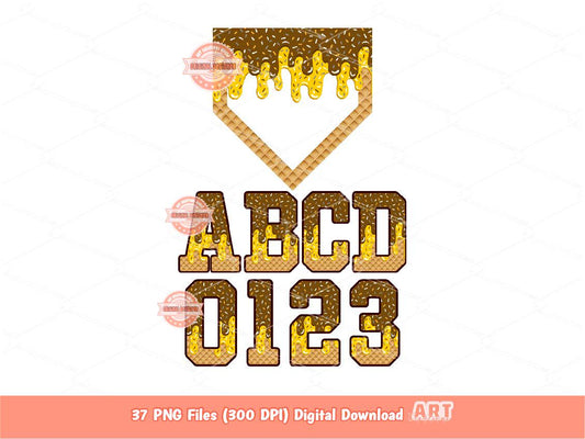 Drip Baseball Alphabet PNG Bundle, Drippy Brown & Gold Letters, Numbers, Home Plate Sports Clipart
