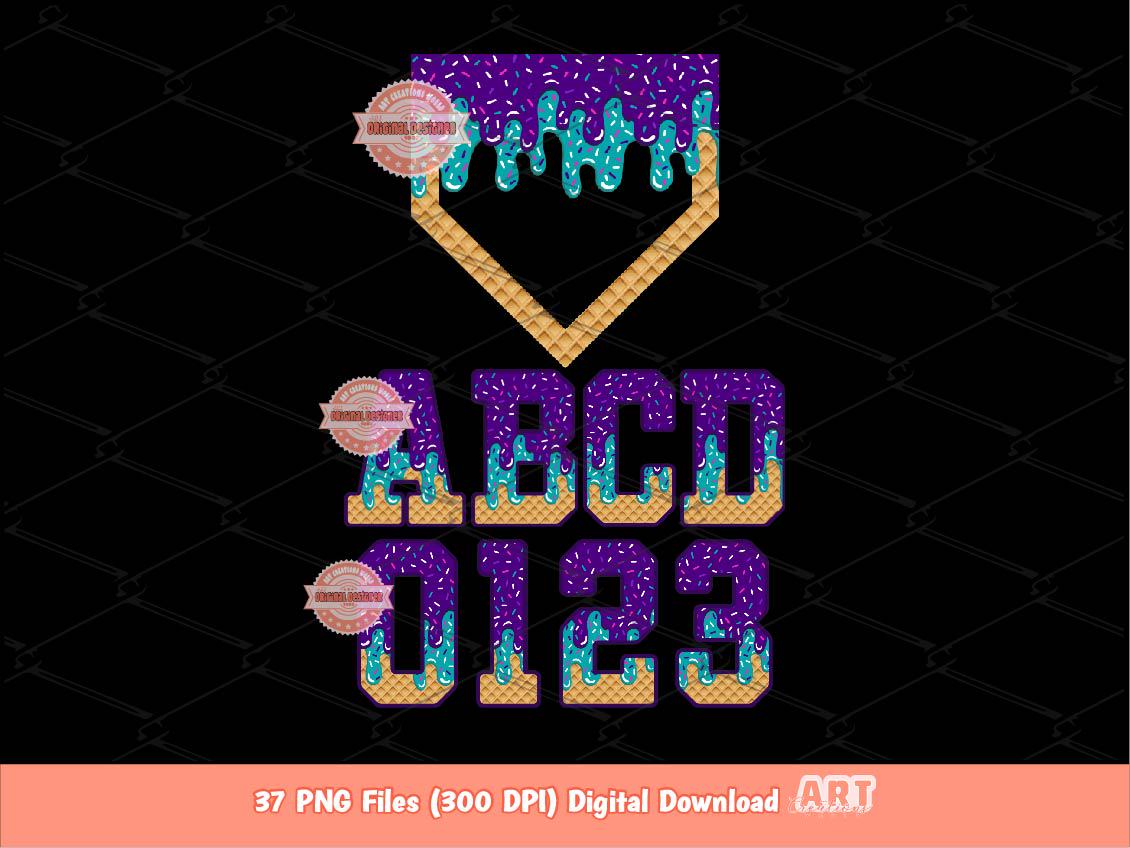 Drip Baseball Alphabet PNG Bundle, Drippy Purple & Teal Letters, Numbers, Home Plate Sports Clipart
