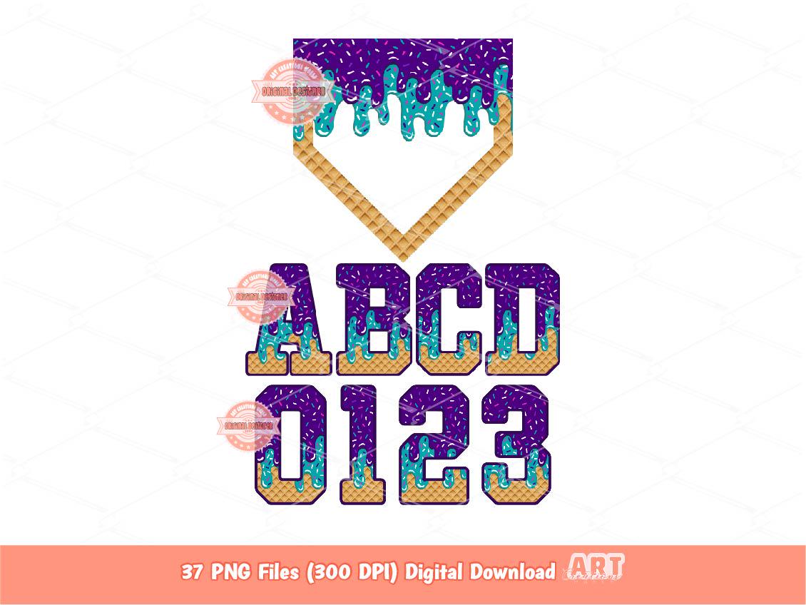 Drip Baseball Alphabet PNG Bundle, Drippy Purple & Teal Letters, Numbers, Home Plate Sports Clipart