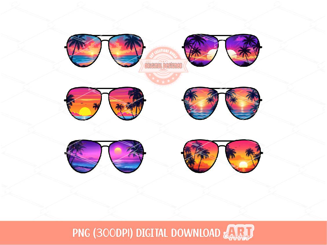 Tropical Sunset Sunglasses PNG Bundle, Summer Vacation Sublimation, Neon Beach Palm Tree Glasses Clipart