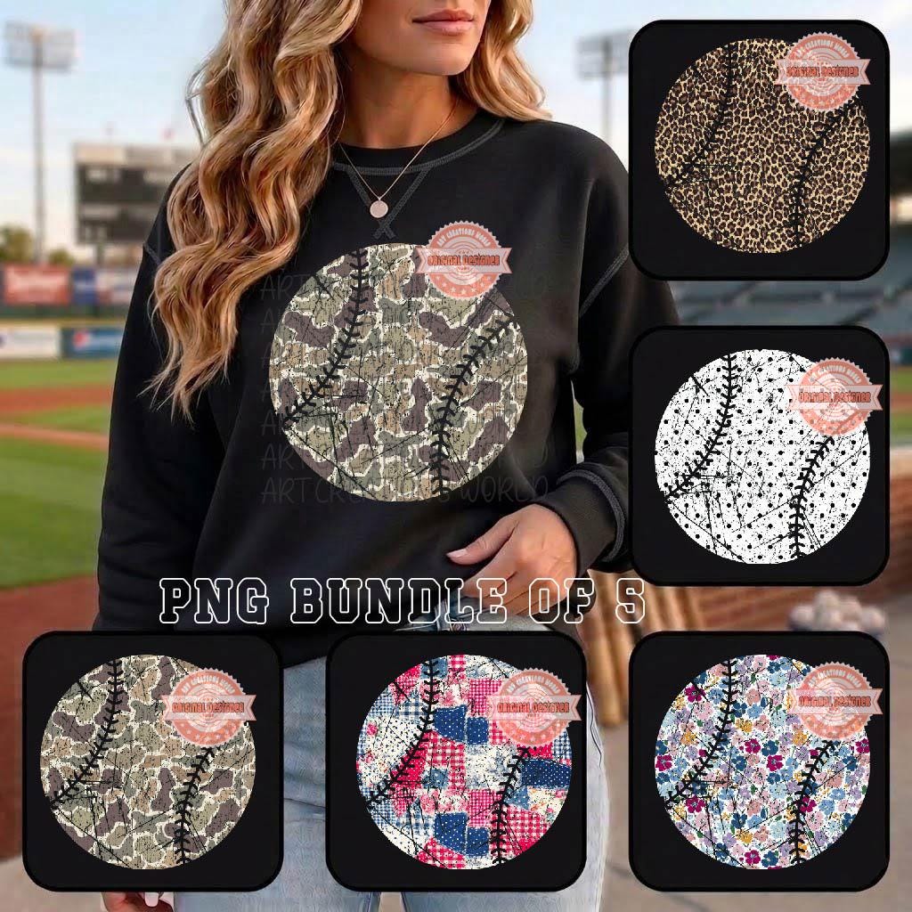 Baseball PNG Bundle, Grunge Leopard Floral Camo Polka Dot Patchwork Distressed Baseball Sublimation Design