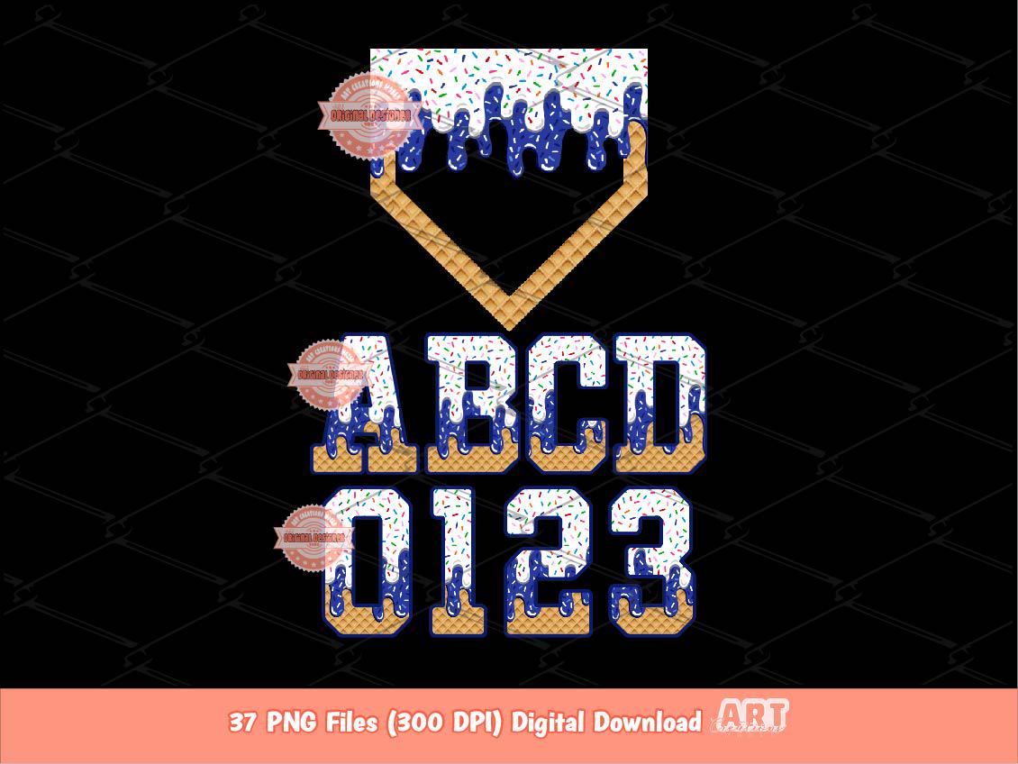 Drip Baseball Alphabet PNG Bundle, Drippy White & Blue Letters, Numbers, Home Plate Sports Clipart