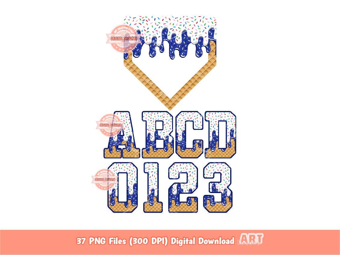 Drip Baseball Alphabet PNG Bundle, Drippy White & Blue Letters, Numbers, Home Plate Sports Clipart