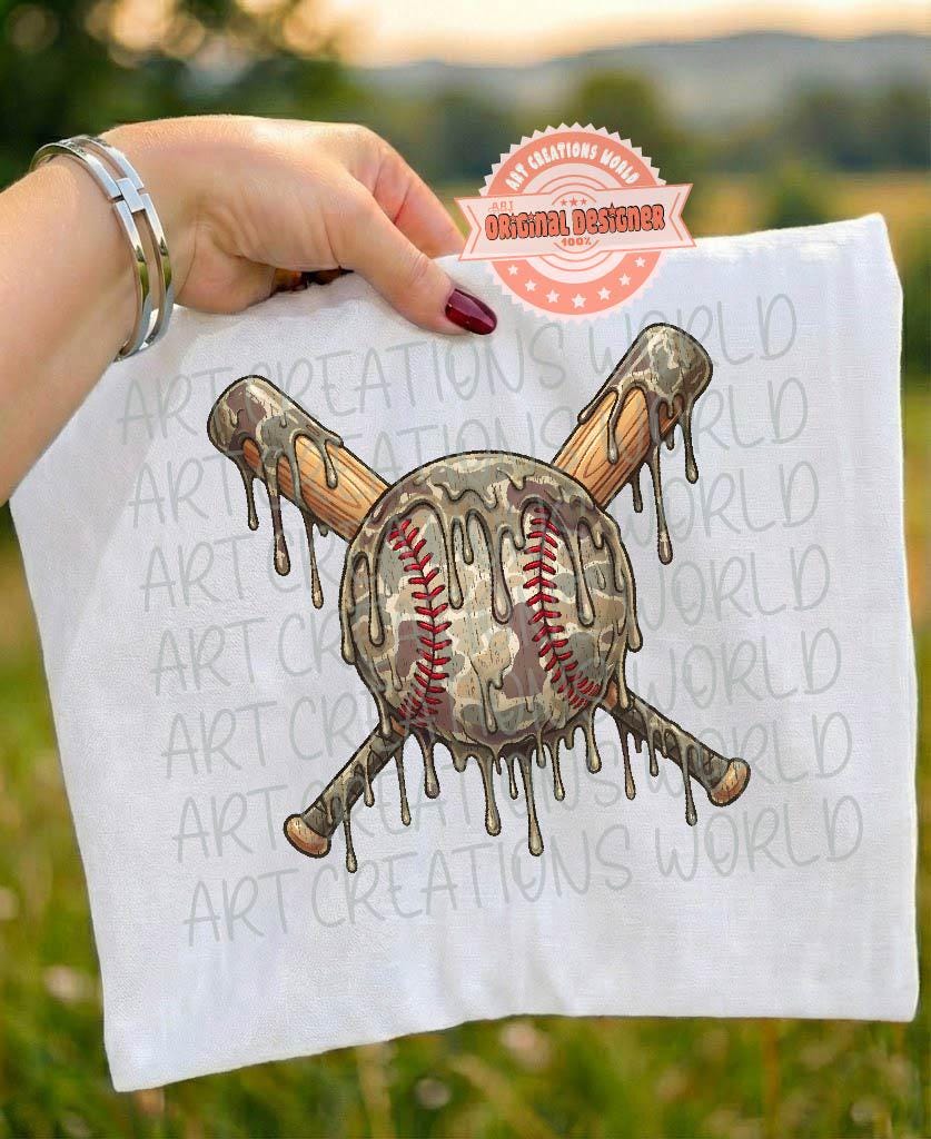 Drip Camo Baseball PNG, Trendy Dripping Crossed Bats, Grunge Sports Sublimation, Game Day Design