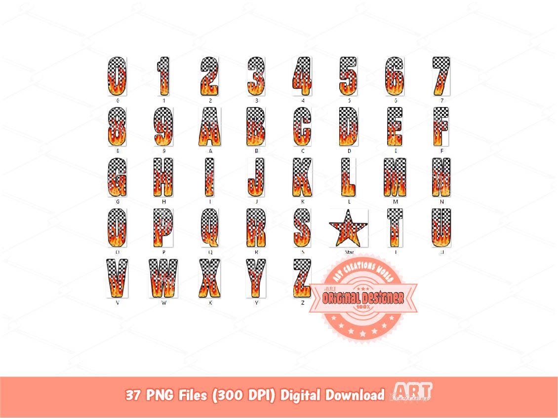 Checkered Flame Alphabet PNG, Retro Racing Letters & Numbers Clipart, Fiery Dirt Track Theme Design