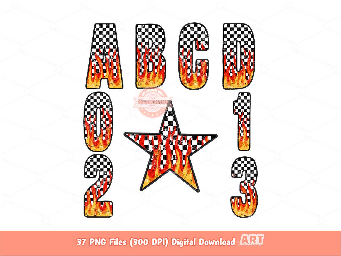 Checkered Flame Alphabet PNG, Retro Racing Letters & Numbers Clipart, Fiery Dirt Track Theme Design