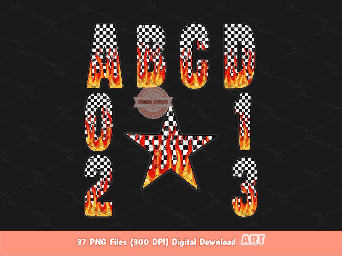 Checkered Flame Alphabet PNG, Retro Racing Letters & Numbers Clipart, Fiery Dirt Track Theme Design