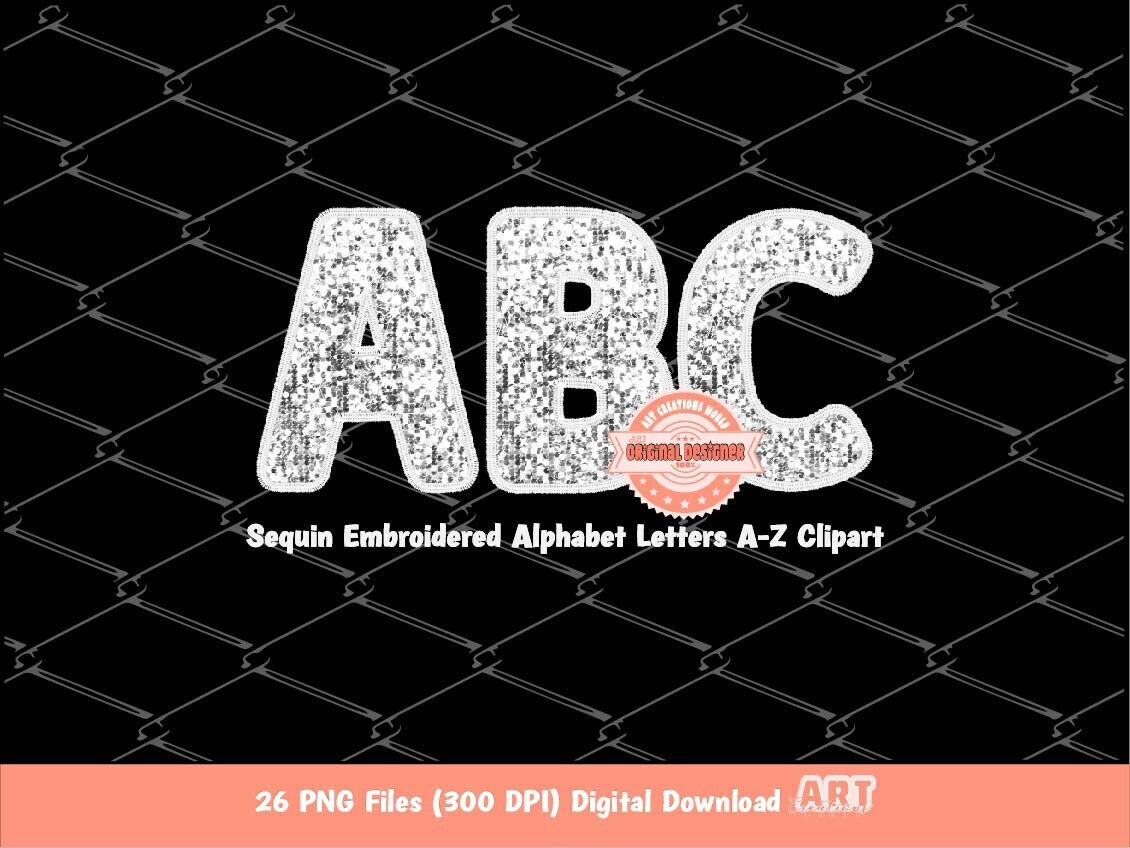 Sequin Alphabet Clipart, White  Faux Embroidery Glitter Letters Clipart (Digital Download)
