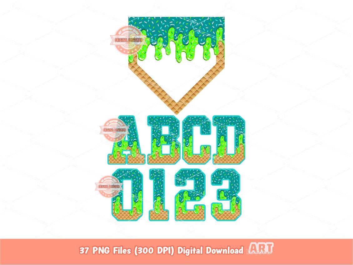 Teal Lime Green Drip Alphabet Plate PNG Bundle, Drippy Baseball Sports Numbers Letters Clipart