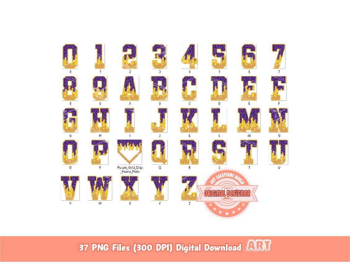 Purple Gold Drip Alpha and Plate PNG Bundle, Drippy Baseball Letters & Numbers Sports Clipart