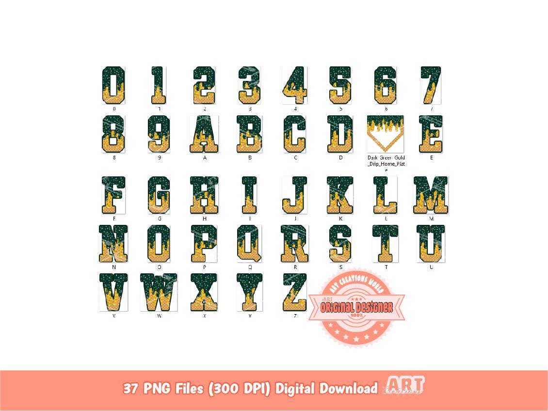 Dark Green Gold Drip Alphabet Plate PNG Bundle, Drippy Baseball Letters & Numbers Sports Clipart