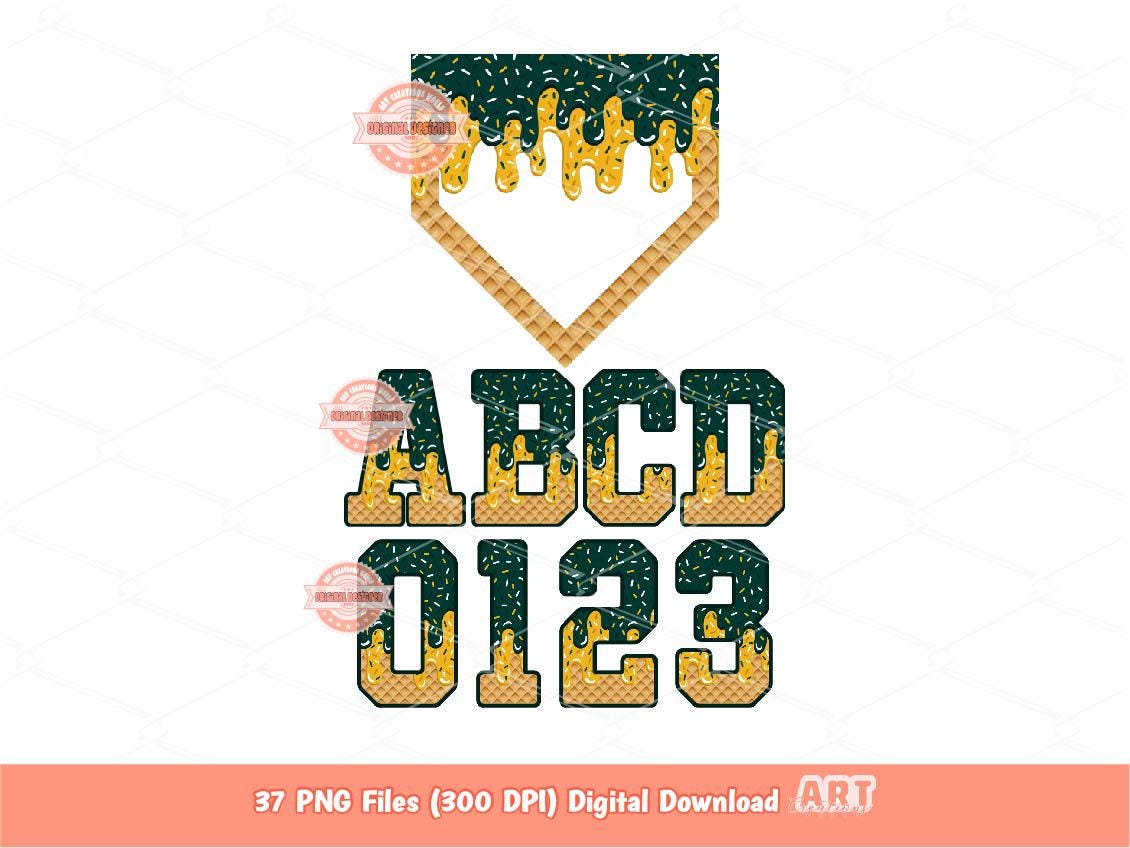 Dark Green Gold Drip Alphabet Plate PNG Bundle, Drippy Baseball Letters & Numbers Sports Clipart
