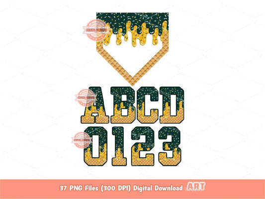 Dark Green Gold Drip Alphabet Plate PNG Bundle, Drippy Baseball Letters & Numbers Sports Clipart