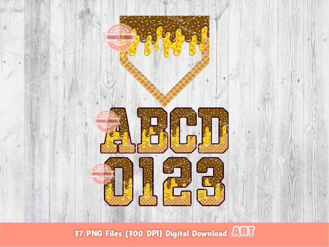 Drip Baseball Alphabet PNG Bundle, Drippy Brown & Gold Letters, Numbers, Home Plate Sports Clipart