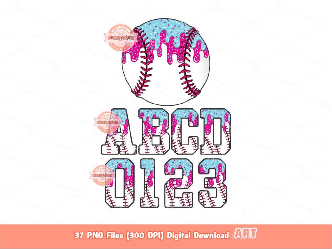 Drip Baseball Alphabet PNG Bundle, Drippy Pink Blue Ice Cream Sports Letters & Numbers Clipart