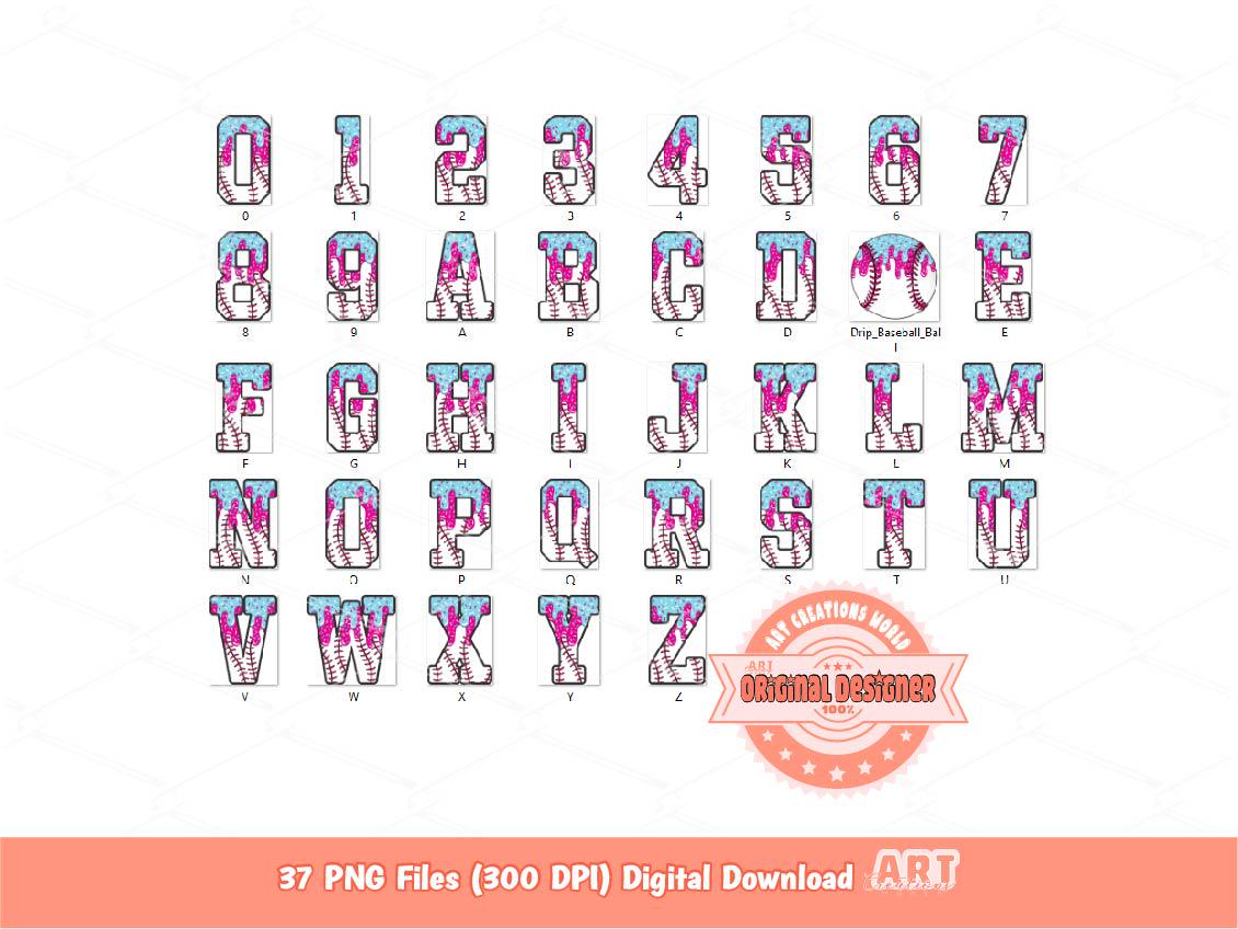 Drip Baseball Alphabet PNG Bundle, Drippy Pink Blue Ice Cream Sports Letters & Numbers Clipart