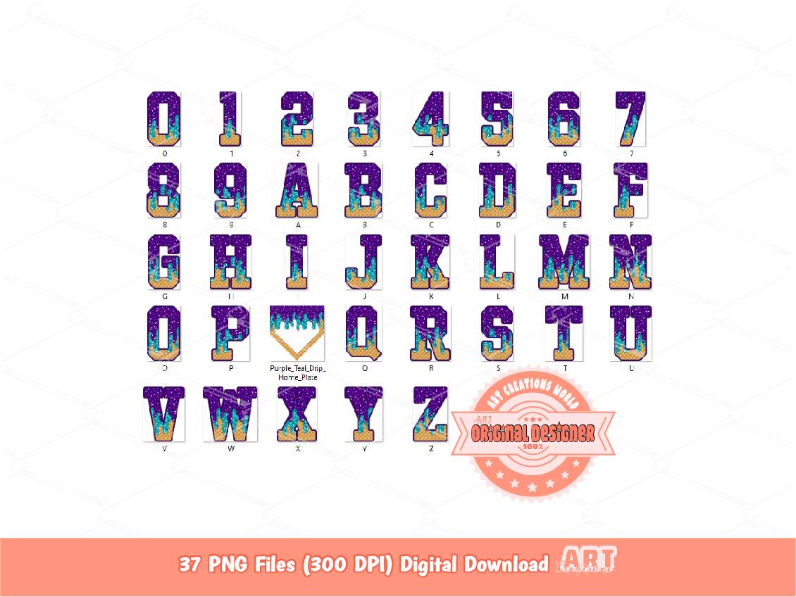 Drip Baseball Alphabet PNG Bundle, Drippy Purple & Teal Letters, Numbers, Home Plate Sports Clipart