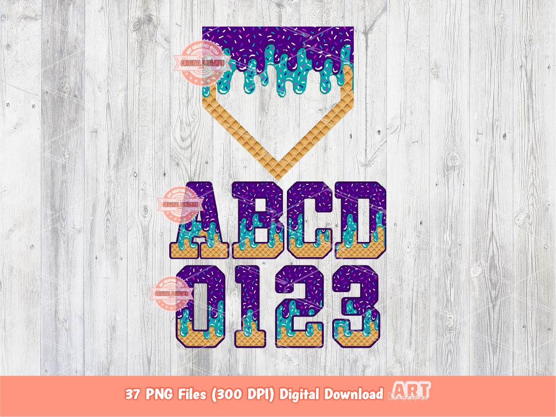 Drip Baseball Alphabet PNG Bundle, Drippy Purple & Teal Letters, Numbers, Home Plate Sports Clipart