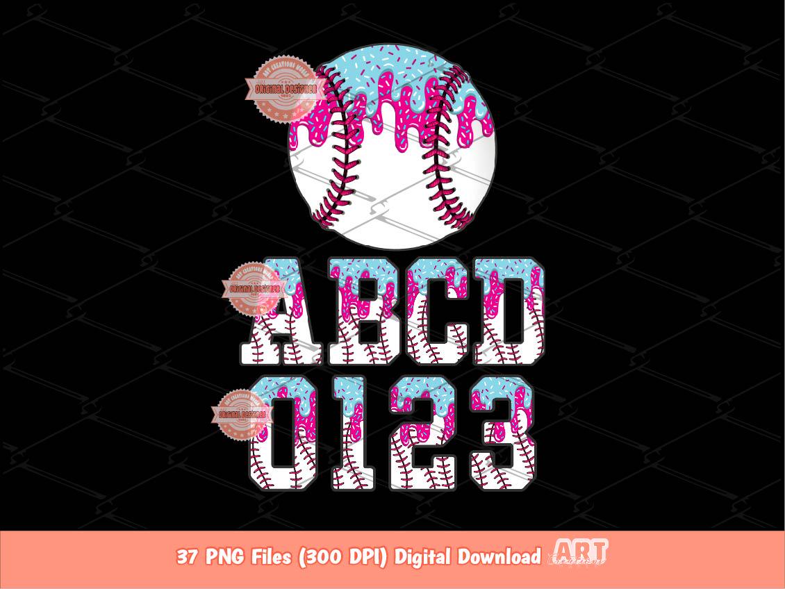 Drip Baseball Alphabet PNG Bundle, Drippy Pink Blue Ice Cream Sports Letters & Numbers Clipart