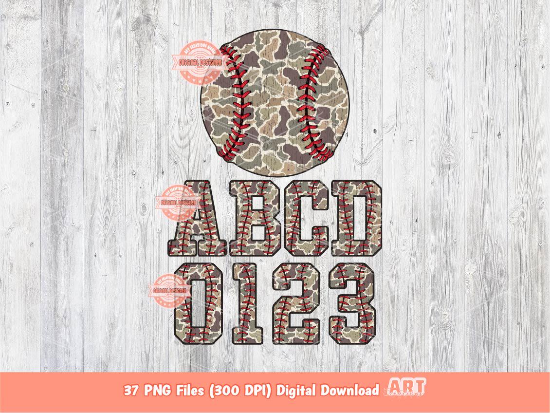 Camo Baseball Alphabet PNG Bundle, Trendy Camouflage Sports Varsity Stitches Laces Letters & Numbers Clipart